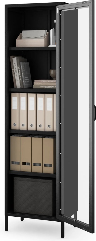 Witryna szklana do salonu wąska metalowa czarna LUIGI Modern 500 x 1800 x 350 mm