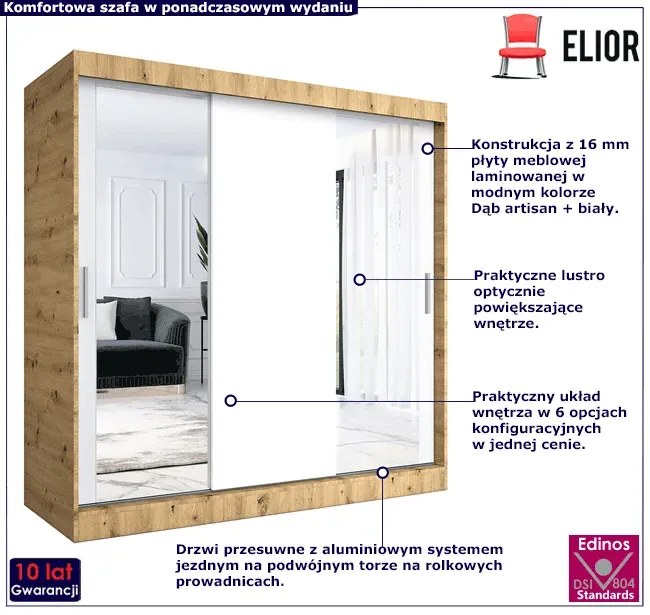 Szafa przesuwna dąb artisan + biały 200 cm - Seko 6X