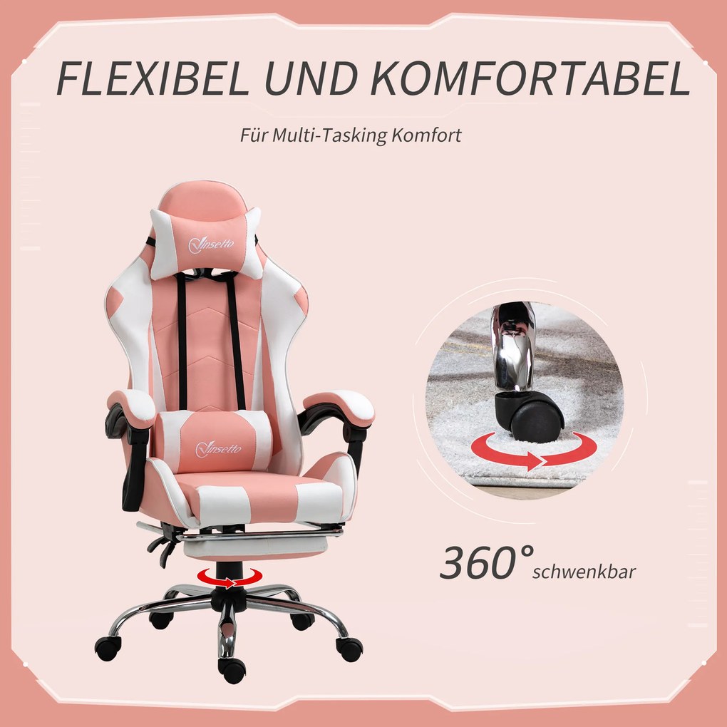 Vinsetto Fotel gamingowy ergonomiczny krzesło komputerowe z regulacją wysokości i zagłówkiem różowy biały | Aosom PL