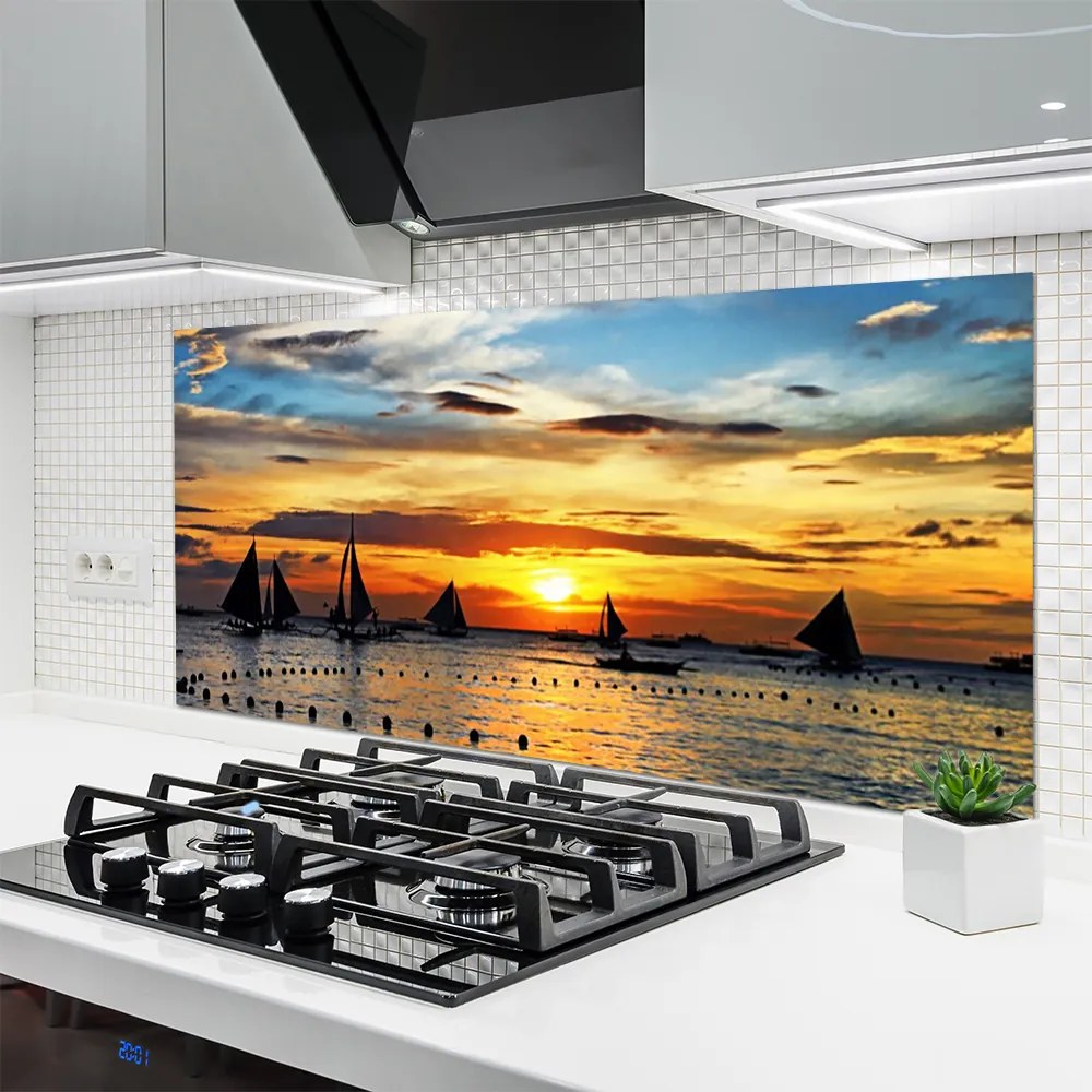 Panel Szklany do Kuchni Łodzie o Zachodzie Słońca