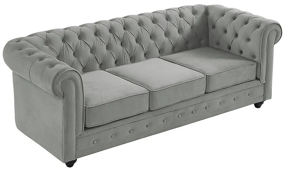Kanapa 3-osobowa i 2 fotele CHESTERFIELD - Jasnoszary welur