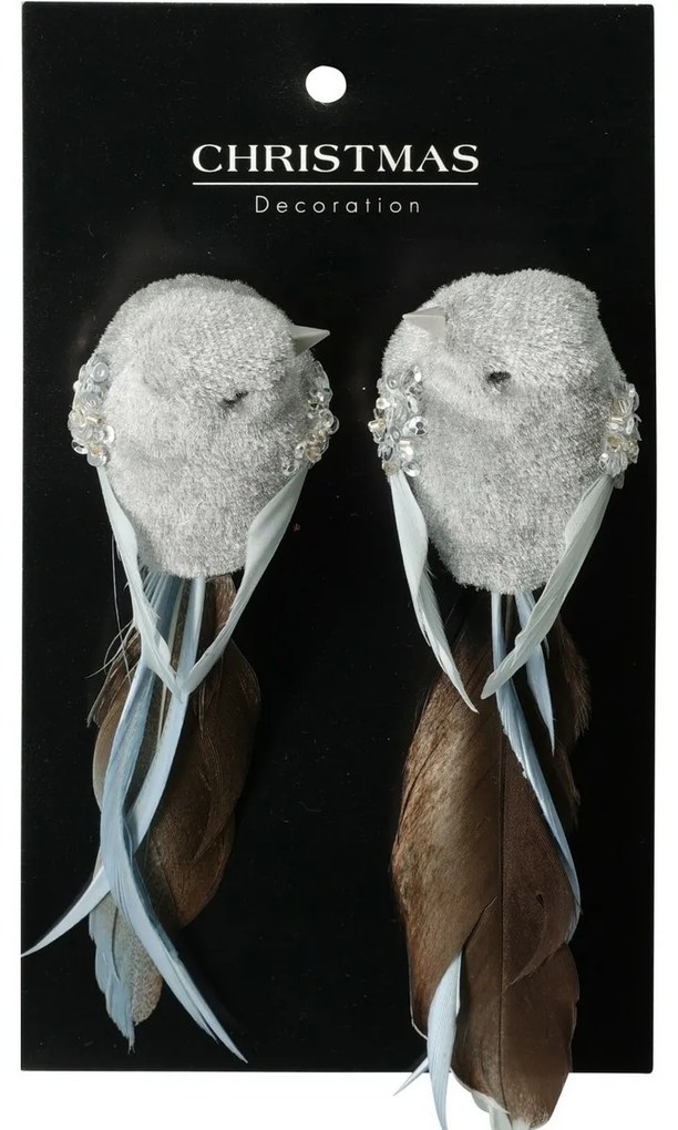 Zestaw ozdób świątecznych Ptaszki, szary, 14x4x4cm, z klipsem, 2 szt.