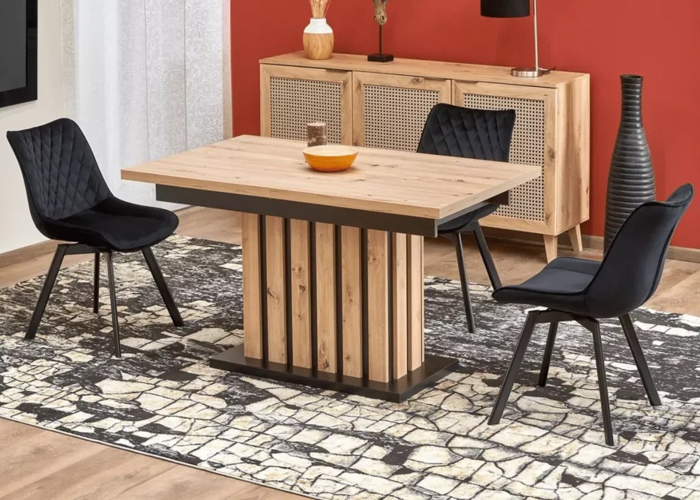Rozkładany stół prostokątny Altus 160 (210) x 90 – wykonany z płyty laminowanej w kolorze dąb artisan / czarny