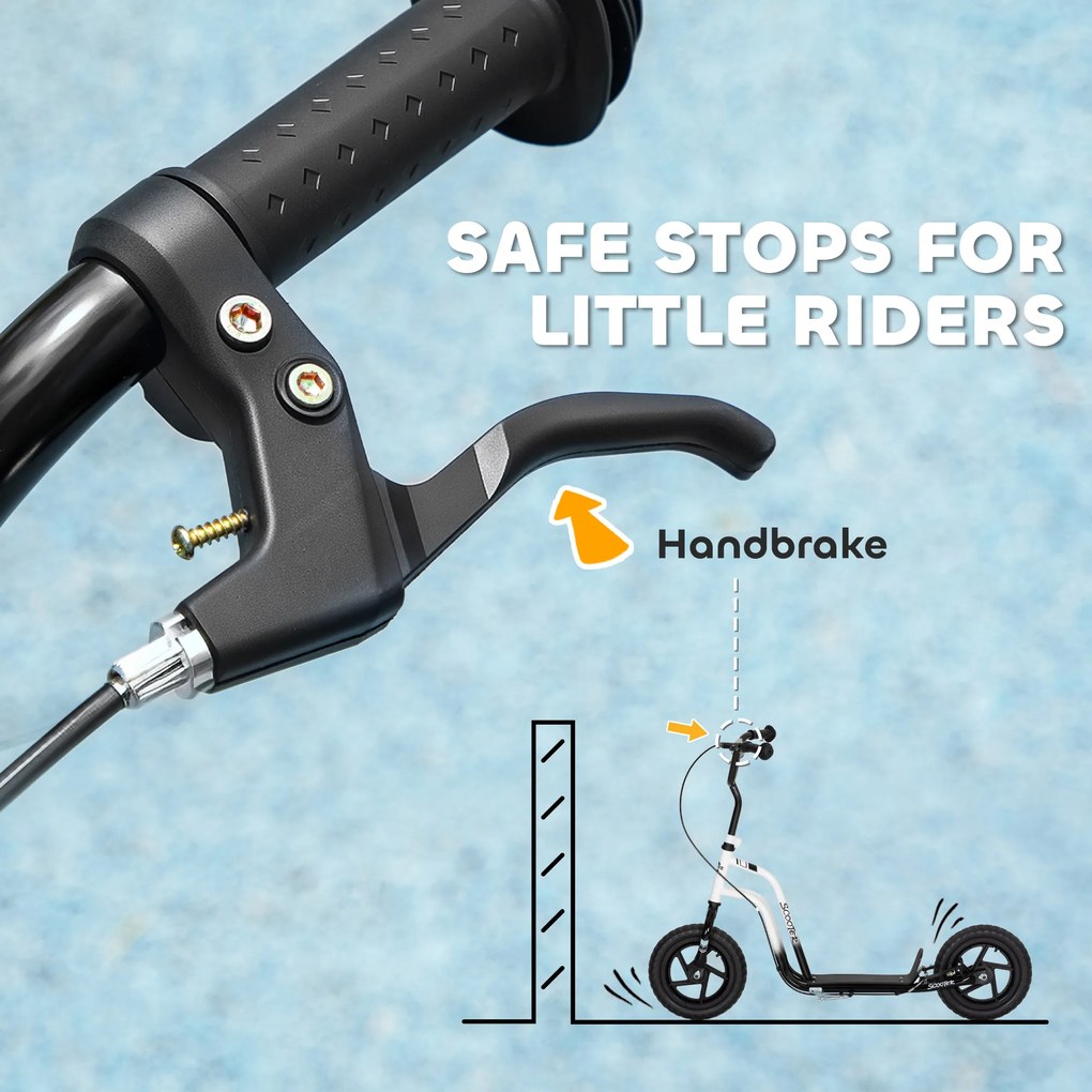 AIYAPLAY Hulajnoga dziecięca z regulowaną kierownicą, dużymi kołami, stojakiem parkingowym, hamulcem ręcznym dla dzieci w wieku 5-12 lat, Biała