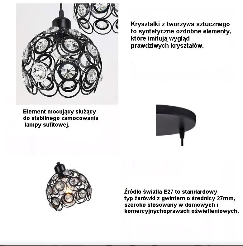 Lampa sufitowa z ażurowymi kloszami kryształkami wisząca AT10-3SZ-Black
