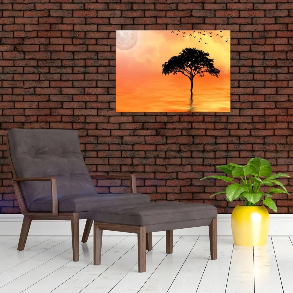 Obraz na szkle - drzewo o zachodzie słońca (70x50 cm)