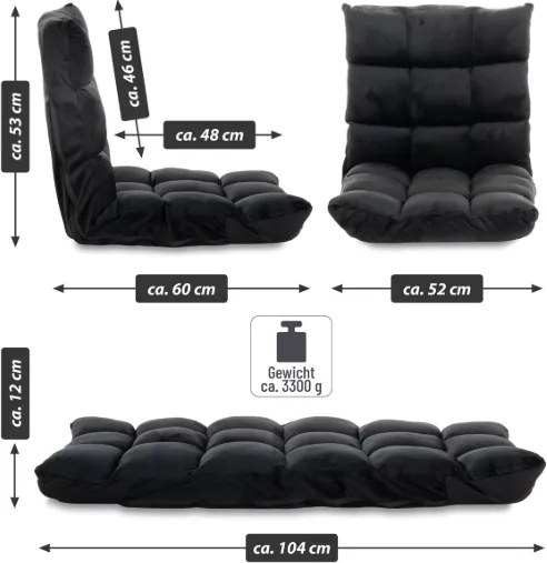 Czarny fotel podłogowy Relax Lounger, welur, 5 pozycji