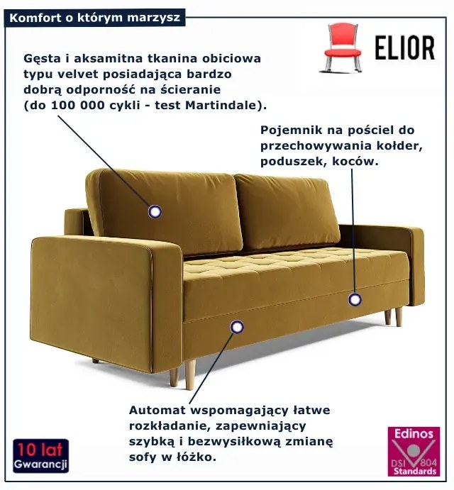 Musztardowa welurowa sofa rozkładana C5-T55