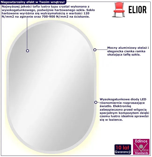 Białe lustro owalne led 95x40 cm Beck 8A