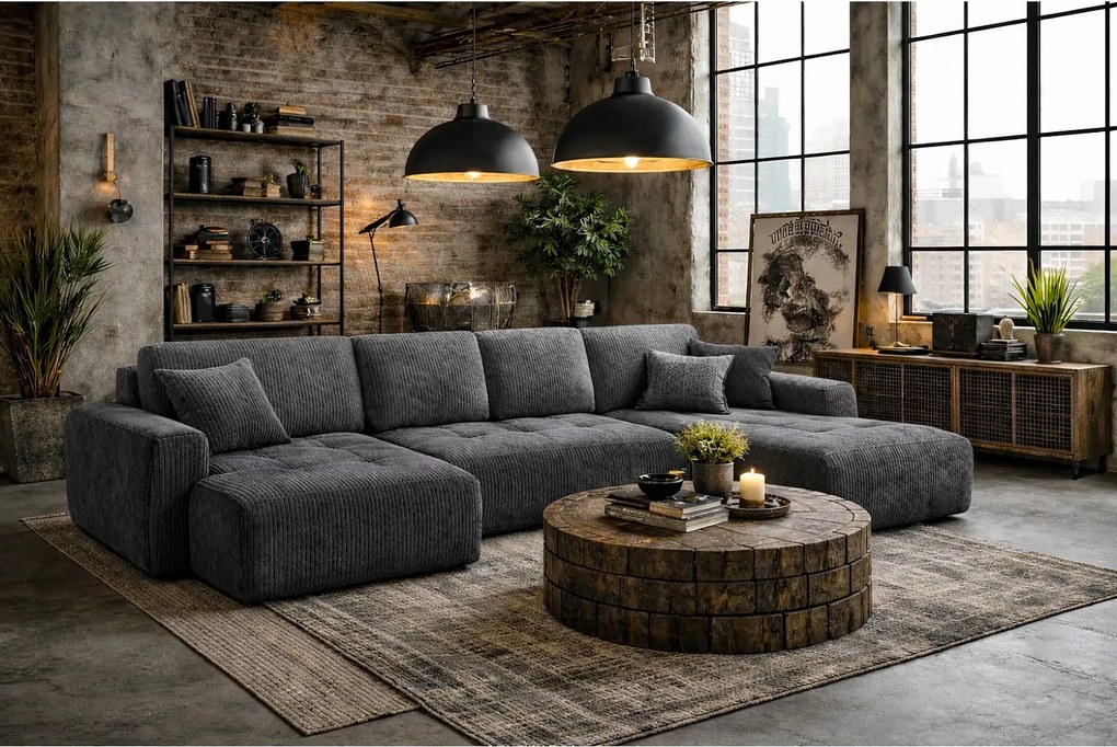 Narożnik w kształcie U z funkcją spania i pojemnikiem Ivo U, tkanina sztruksowa Poso, Szary