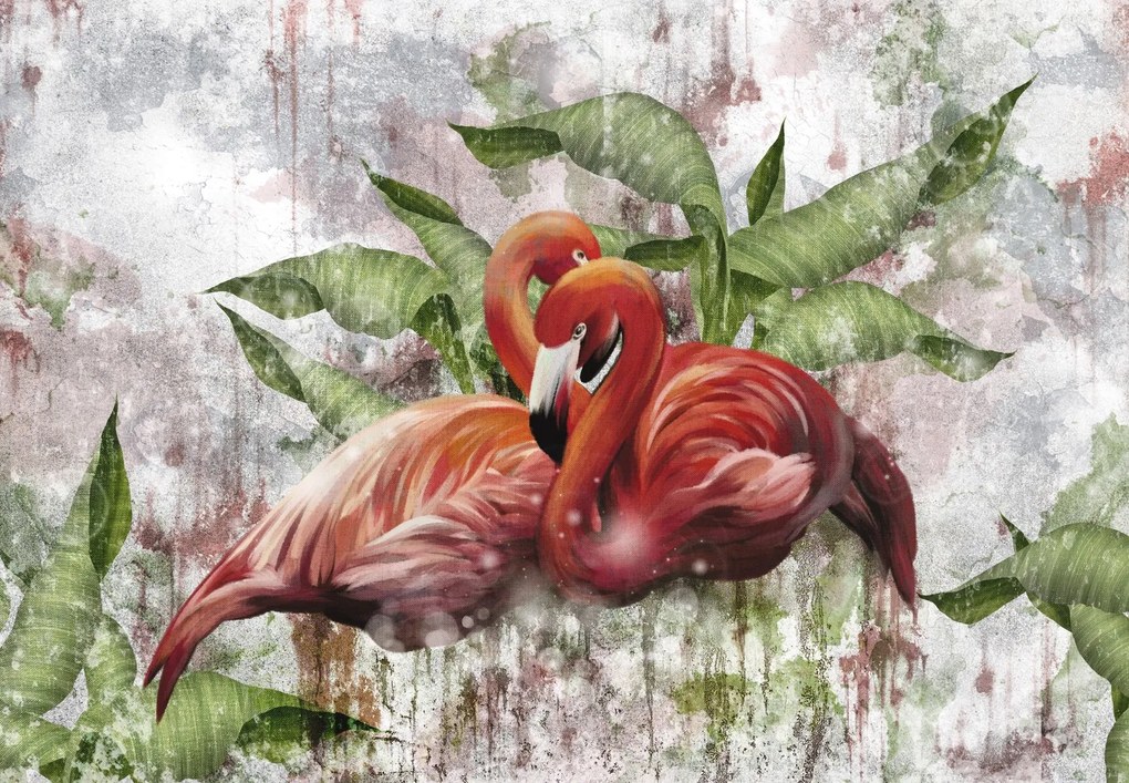 Fototapeta - Flamingi na betonowej ścianie (196x136 cm)