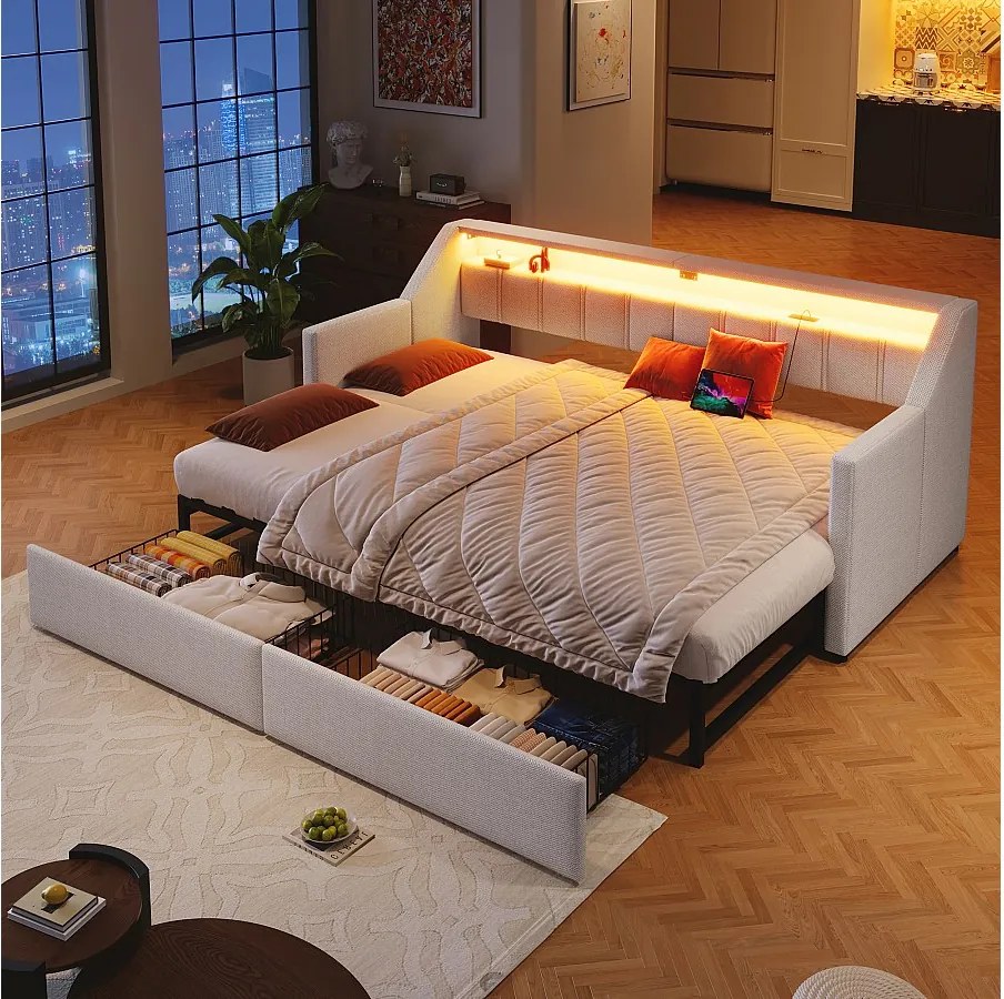 Rozkładana sofa 90 x 200 cm z USB + Type-C + LED + 2 szuflady - len + płyta MDF - beżowa