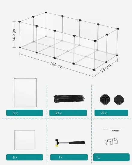 SongmicsHome Ogrodzenie dla małych zwierząt z przezroczystego plastiku BEN, 143x71x47cm, przezroczysta