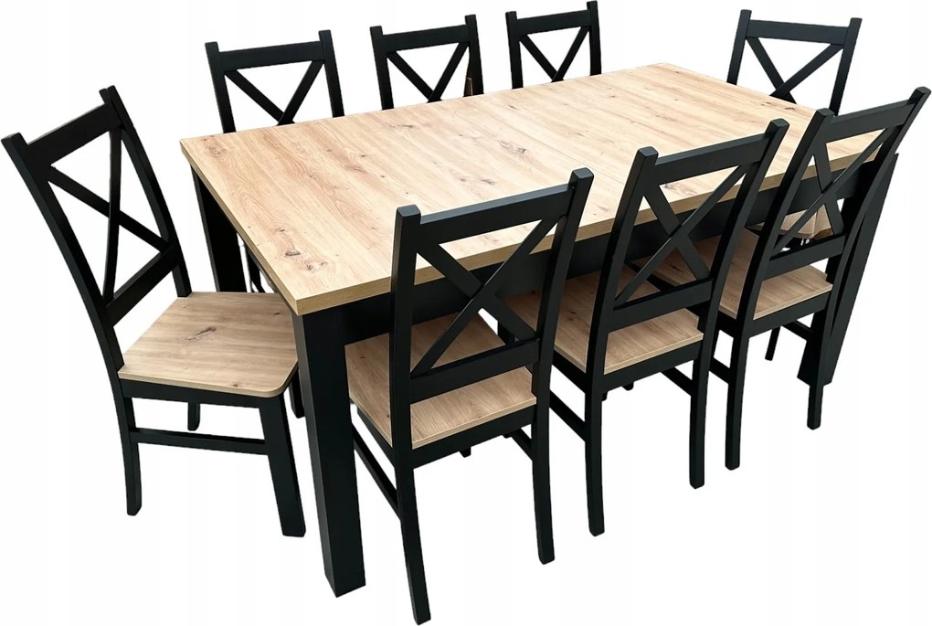 Stół prostokątny Czarny + 8 Krzeseł DĄB ARTISAN 90x160/210 ZESTAW + Nogi drewniane