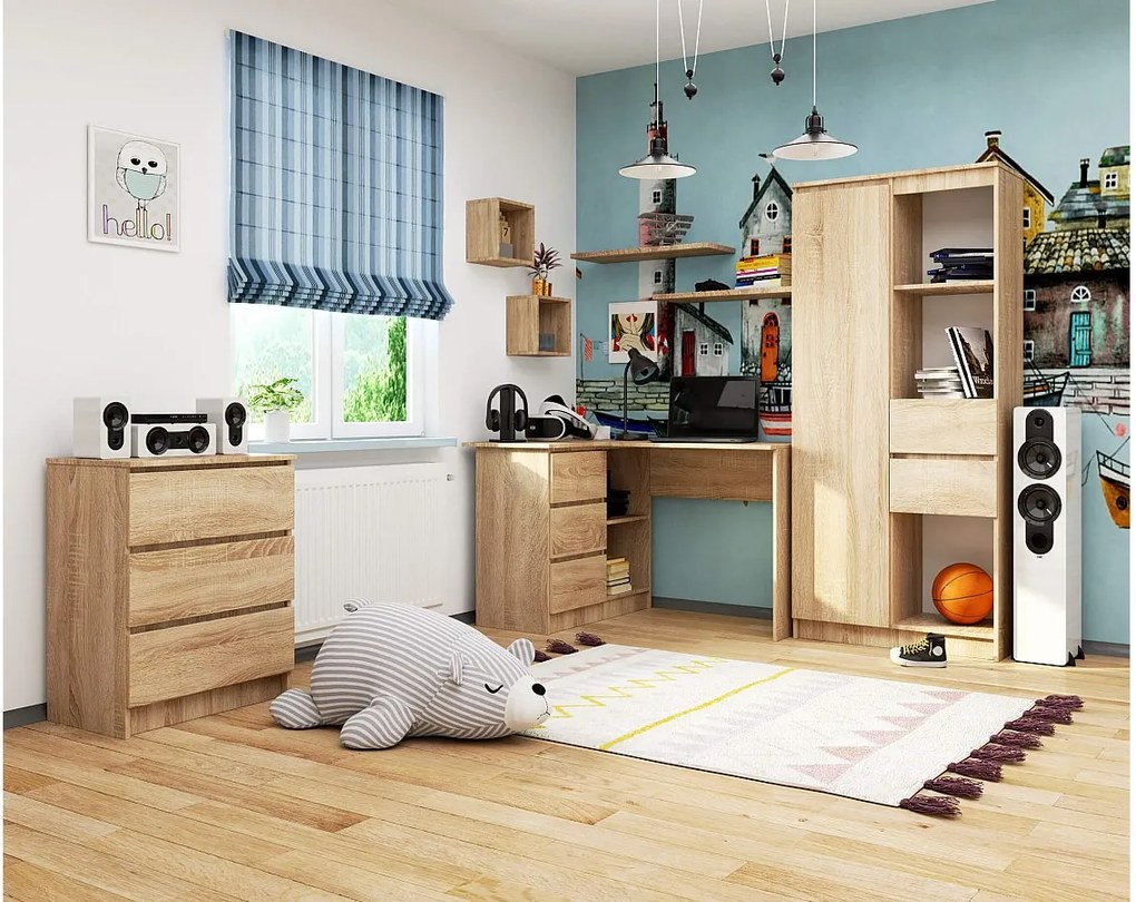 Biurko narożne AKORD B16 Dąb Sonoma 124 cm lewe 3 szuflady kolor Dąb Sonoma mat 2 półki 124x85x77 cm