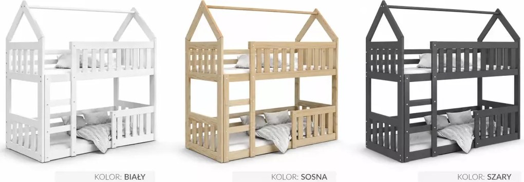 Łóżko piętrowe dziecięce Clare Domek Mini 80x190 drewniane sosnowe z barierkami