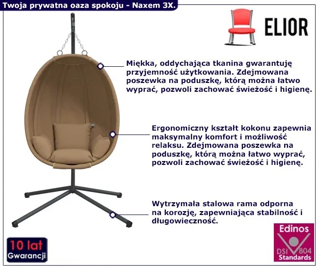 Wiszące krzesło kokon ze stojakiem w kolorze taupe - Syntia 3X