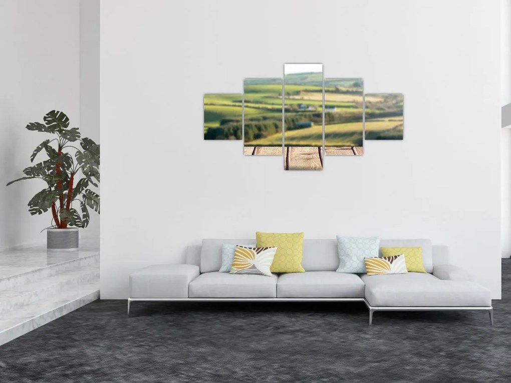 Obraz - Drewniana półka z krajobrazem (125x70 cm)