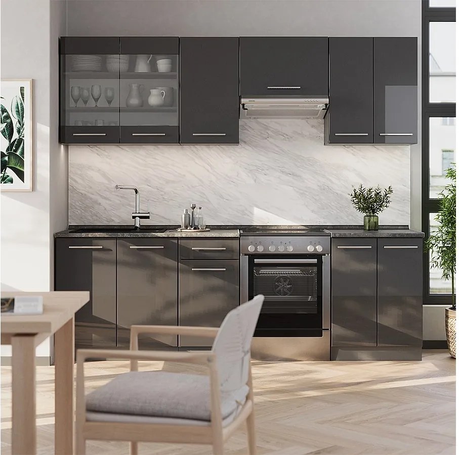 Zabudowa kuchenna antracyt wysoki połysk 240x60x81.6 fame-line