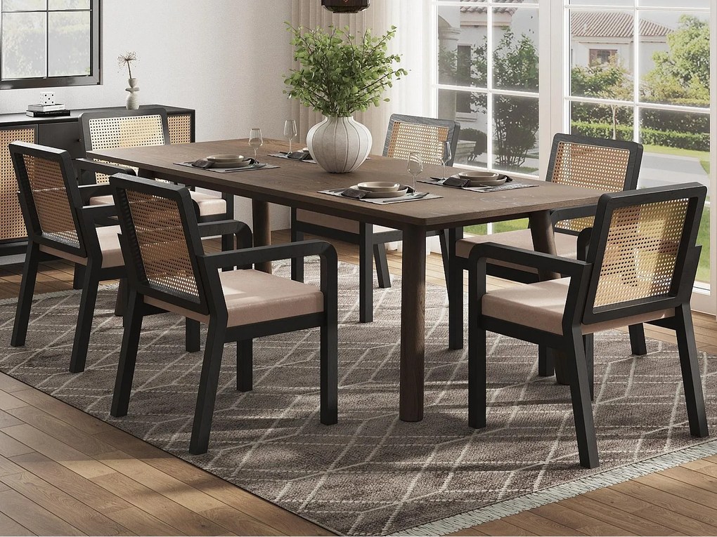 Zestaw 6 krzeseł do jadalni - siedzisko z poduszki welurowej - z oparciem z rattanu i nogami z drewna hevea - Czarny