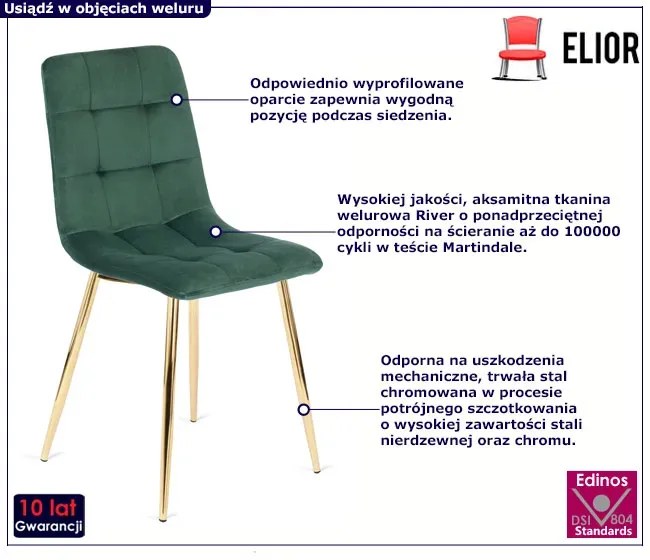 Zielone welurowe eleganckie krzesło w stylu glamour - Patrix