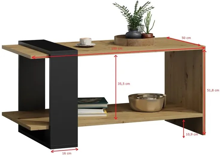 Prostokątna Ława Czarny Z Półką Dąb Artisan + F2-B40
