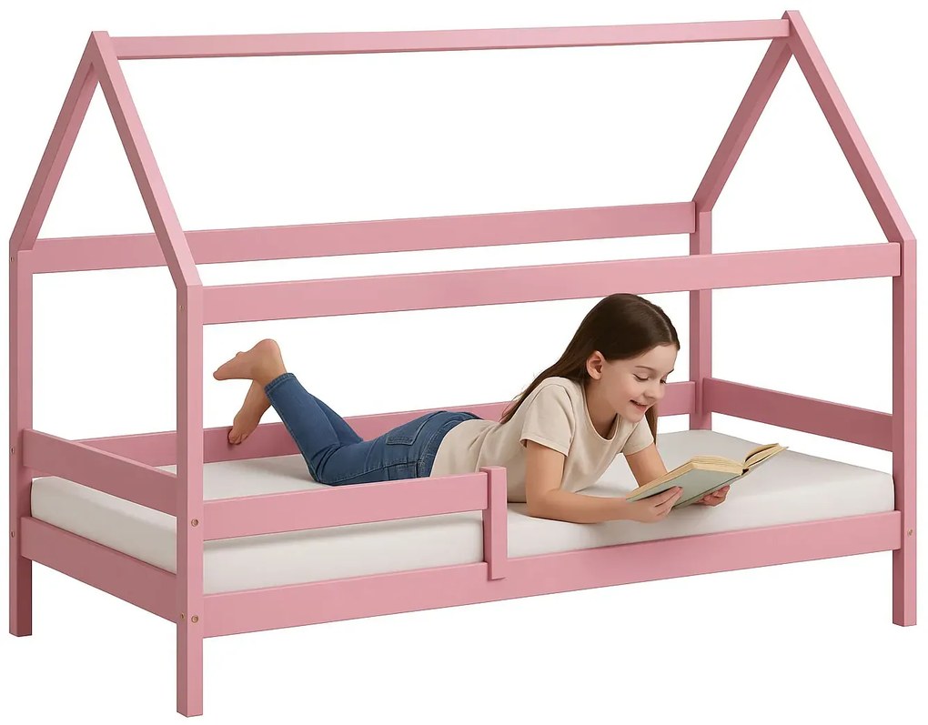 Różowe dziecięce drewniane łóżko domek 90x180 L7-S40