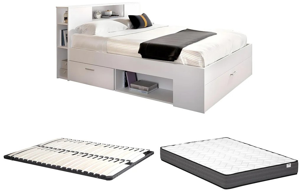 Łóżko ze skrzynią i szufladami - 140 x 190 cm - Kolory: biały + Stelaż + Materac - LEANDRE