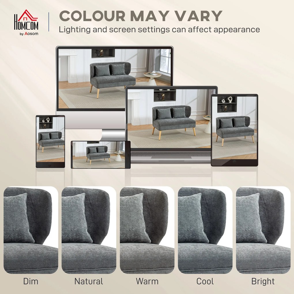 HOMCOM 2-osobowa sofa, mała sofa z chenille, oparcie skrzydłowe, grube siedzisko, nogi z drewna kauczukowego, szara | Aosom PL