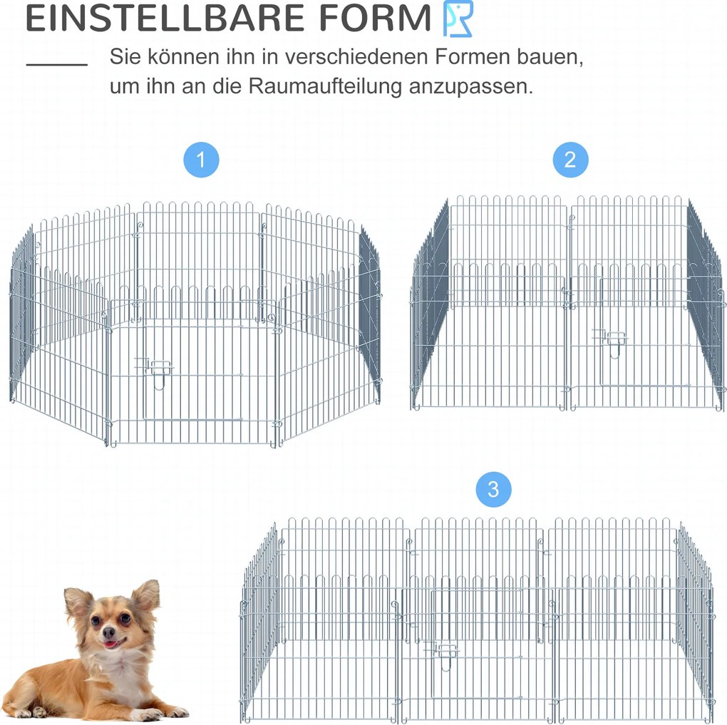PawHut Płotek Kojec dla Szczeniąt 8 Części 63x60cm Srebrny | Aosom PL