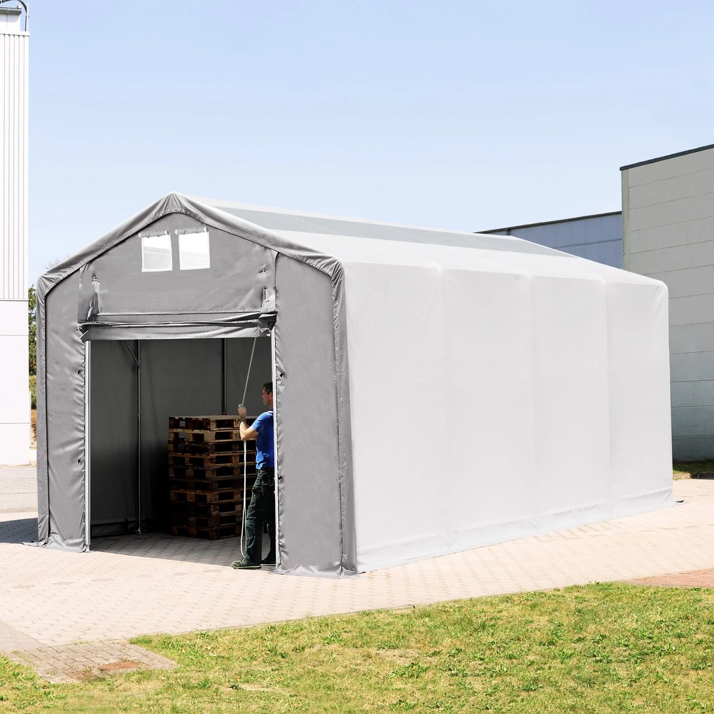TOOLPORT 4x8m Hala namiotowa - 3,0 m wysokość ścian bocznych z podciąganą do góry bramą i świetlikami dachowymi, PVC 850, szary, ze statyką (podłoże betonowe) - (94086)
