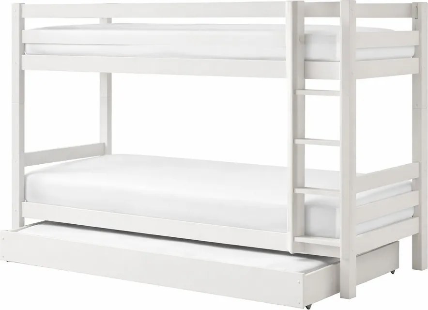 Białe piętrowe łóżko dziecięce z litego drewna sosnowego ze schowkiem z wysuwanym łóżkiem 90x200 cm PINO – Vipack