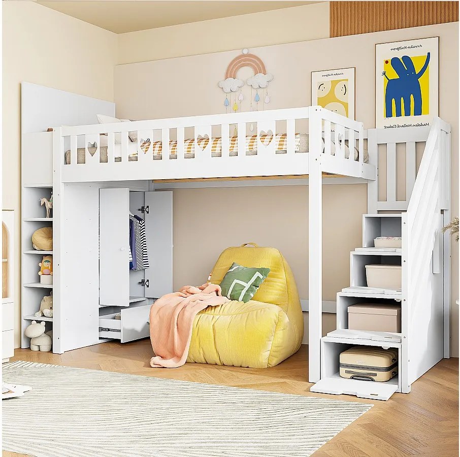 Łóżko piętrowe 90 x 200 cm z szafą, półkami i szufladami - Sosna + MDF - Białe (bez materaca)