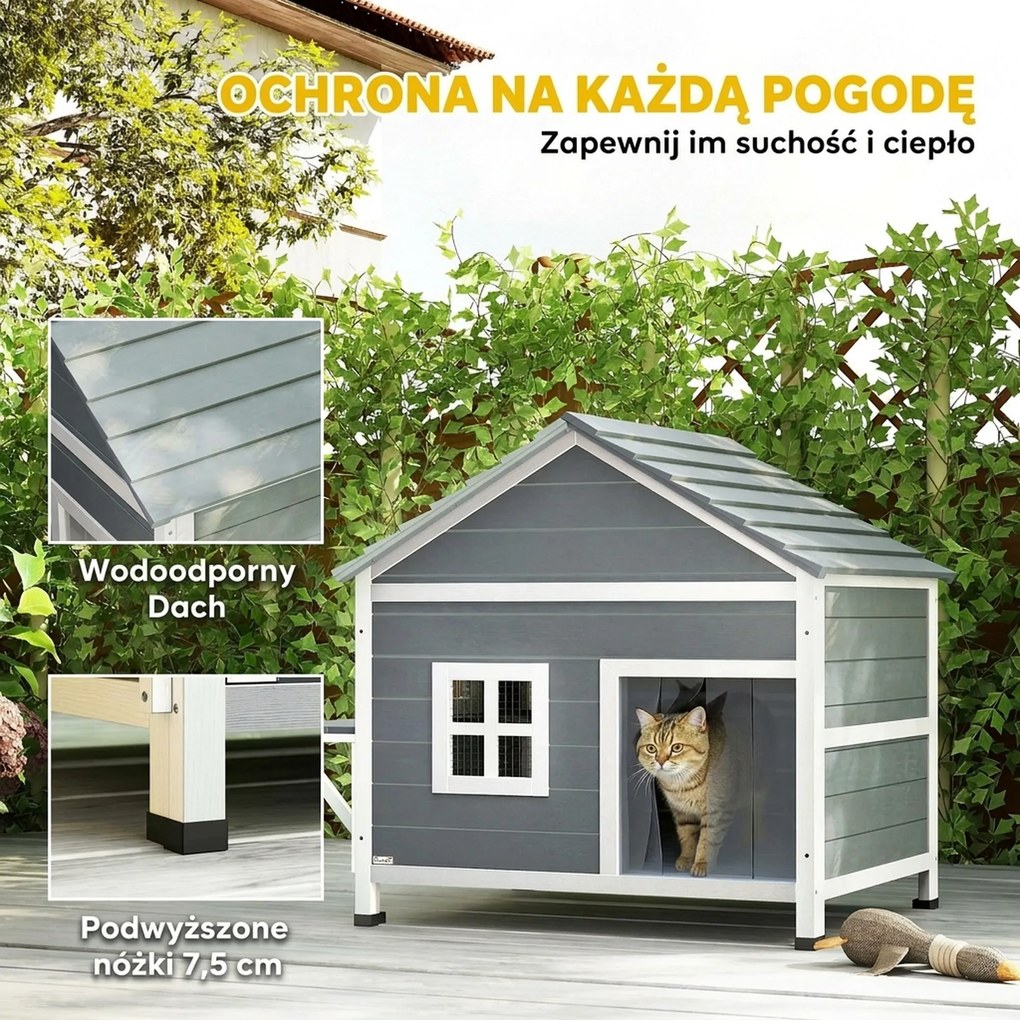 PawHut Domek dla kotów z drewna 2-poziomowa kryjówka z wodoodpornym, otwieranym dachem, boczną platformą, 101x72,5x81cm, Szary | Aosom PL