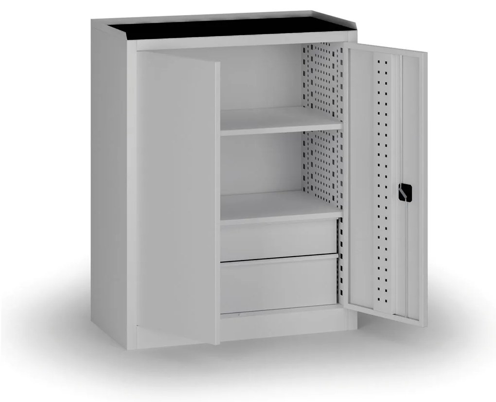 Szafa warsztatowa, 2 półki + 2 szuflady, 1180 × 950 × 500 mm, szare drzwi