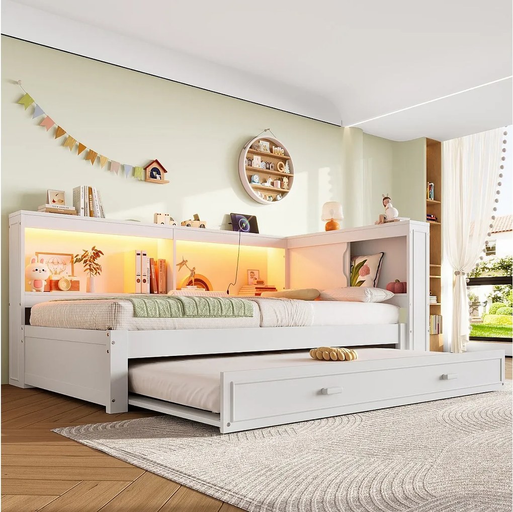 Sofa rozkładana 90x200 cm Łóżko dziecięce z wysuwanym łóżkiem, oświetleniem LED i gniazdem USB - białe (bez materaca)