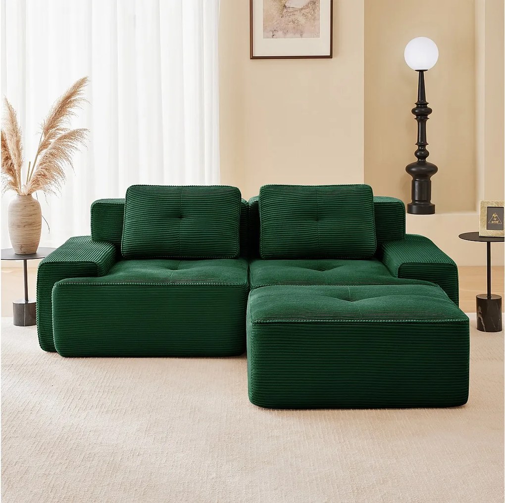 Modułowa Sofa 2-osobowa w Welurze żebrowanym, z pufą i 2 poduszkami, 204x177x69cm, Zielony