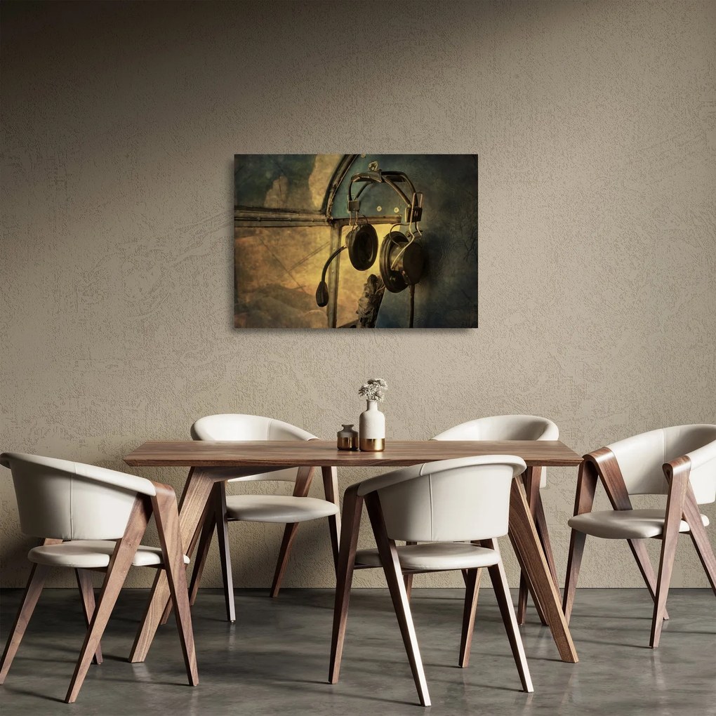 Obraz na szkle - Słuchawki lotnicze w stylu vintage (70x50 cm)