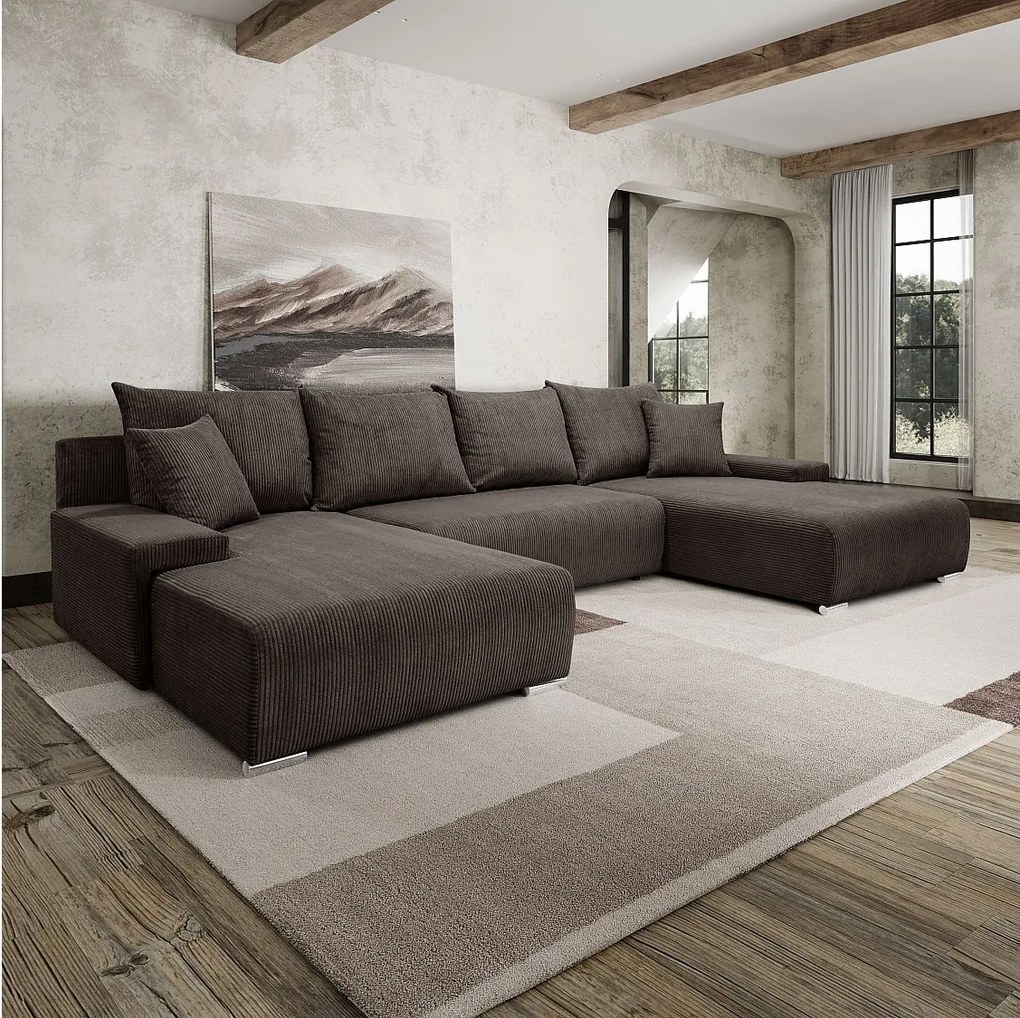 Narożnik, Sofa w kształcie U, tkanina sztruksowa Poso, Brązowy, Livorno U