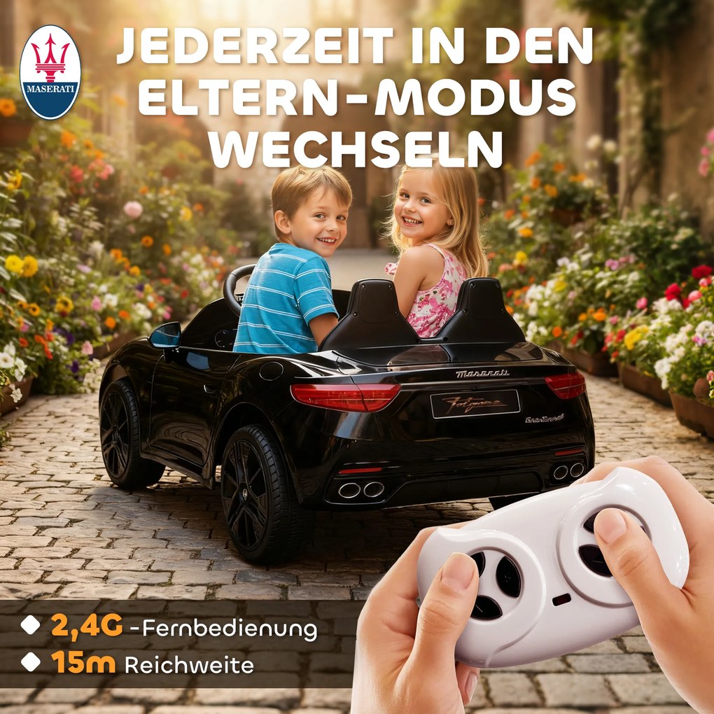 AIYAPLAY Maserati Elektryczny samochód dla dzieci, 2-miejscowy, zasilanie 12V, pilot, światła LED, funkcja muzyki, Czarny