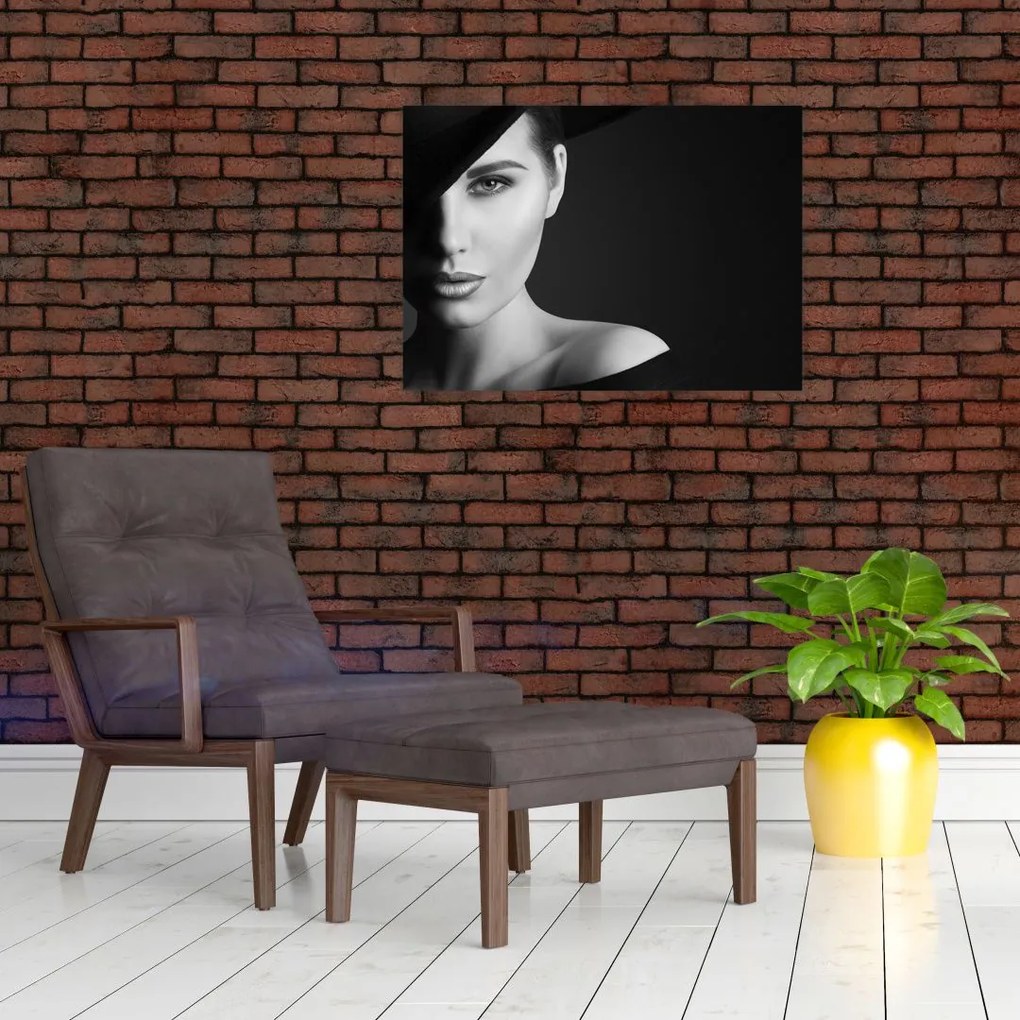 Obraz - Czarno - biały portret kobiety w kapeluszu (70x50 cm)