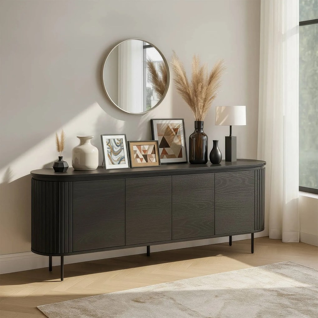 Komoda do Salonu BECK 200 cm Czarna Czterodrzwiowa Ryflowana Nowoczesna