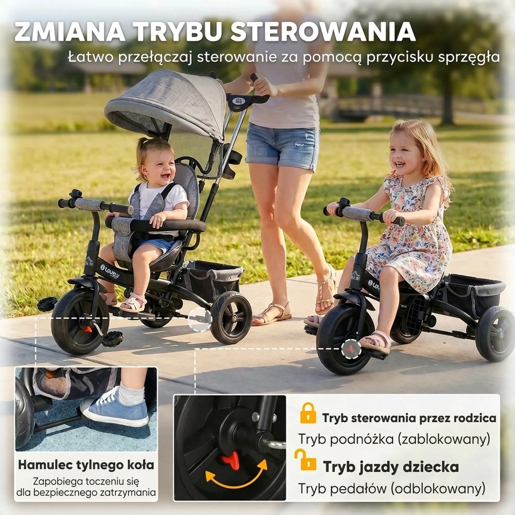 HOMCOM Rowerek 6w1 dla Dzieci z Rączką, Daszkiem, Pasem, Koszykiem, dla Dzieci 1-5 Lat, Szary