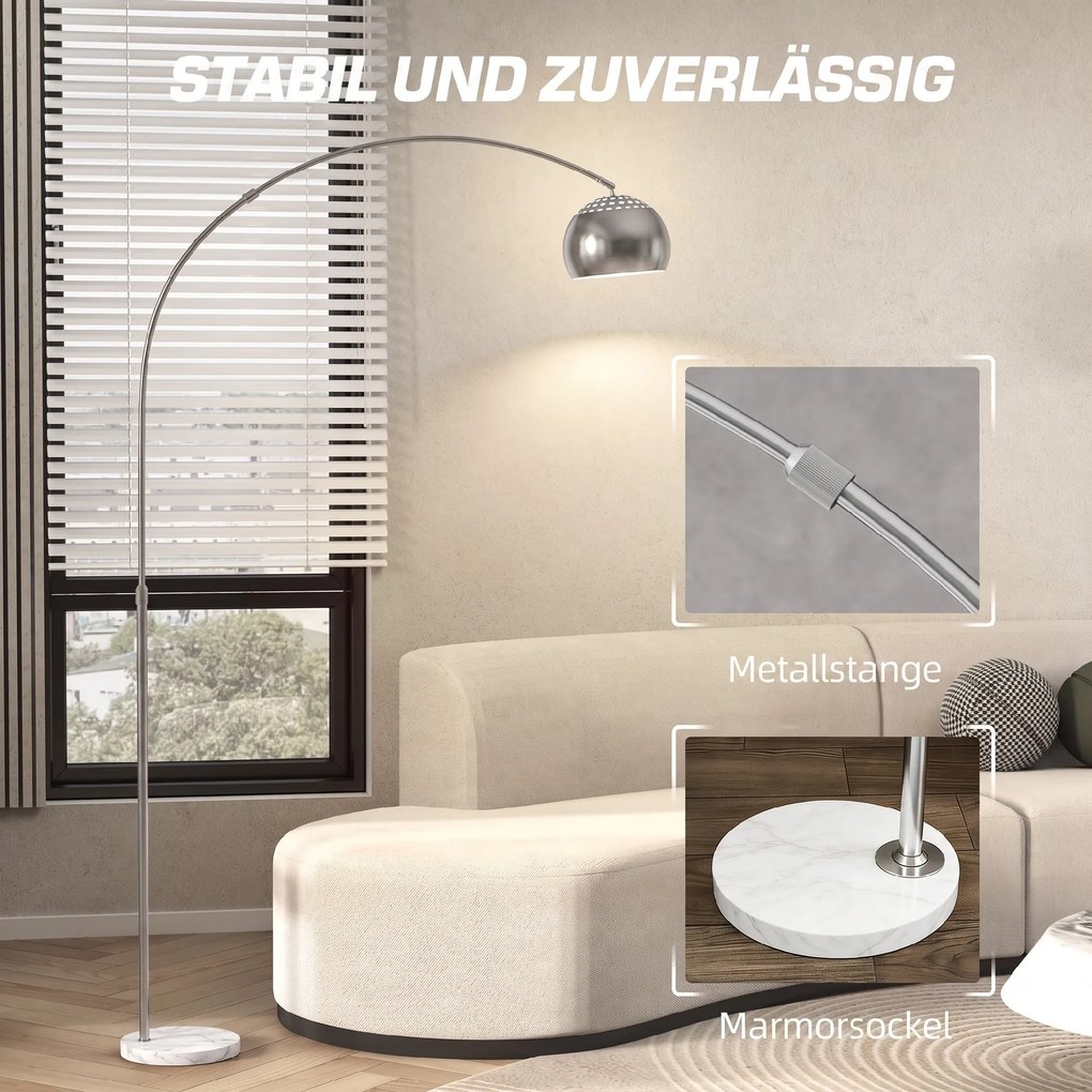 HOMCOM Lampa podłogowa, design łukowy z marmurową podstawą, 167 cm, srebrna | Aosom PL