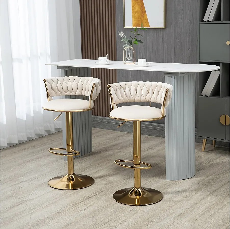 Zestaw 2 obrotowych hokerów barowych z oparciem, regulowanych na wysokość – Aksamit w kolorze ecru