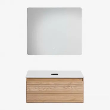 Zestaw Mebli Łazienkowych Z Drewna Jesionowego Tedrik Popielaty Brąz & Without Sink & Prostokątny Led I Przeciwmgielny 80x70 Cm Riben & Bez Kranu -