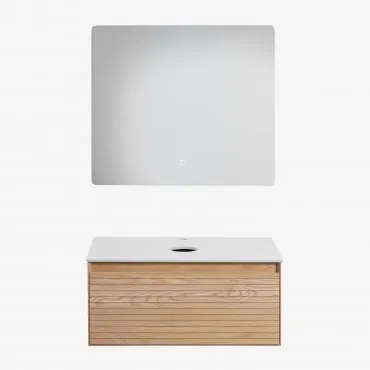 Zestaw Wiszących Mebli Łazienkowych 80x50 Cm Z Drewna Jesionowego Tedrik Popielaty Brąz & Without Sink & Prostokątny Led - Sklum