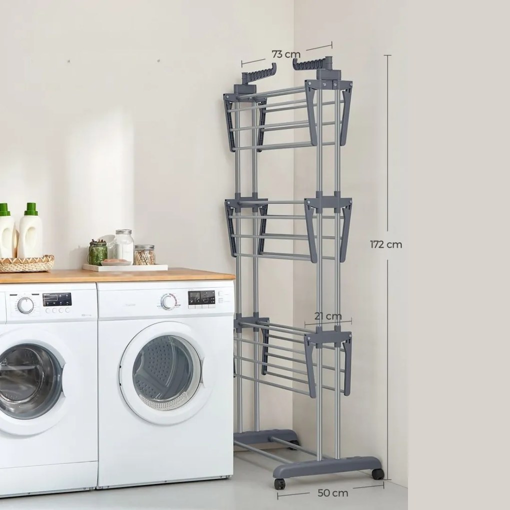 SongmicsHome Suszarka na pranie ELTON z 4 poziomami na kółkach, 76x172x50 cm, szara