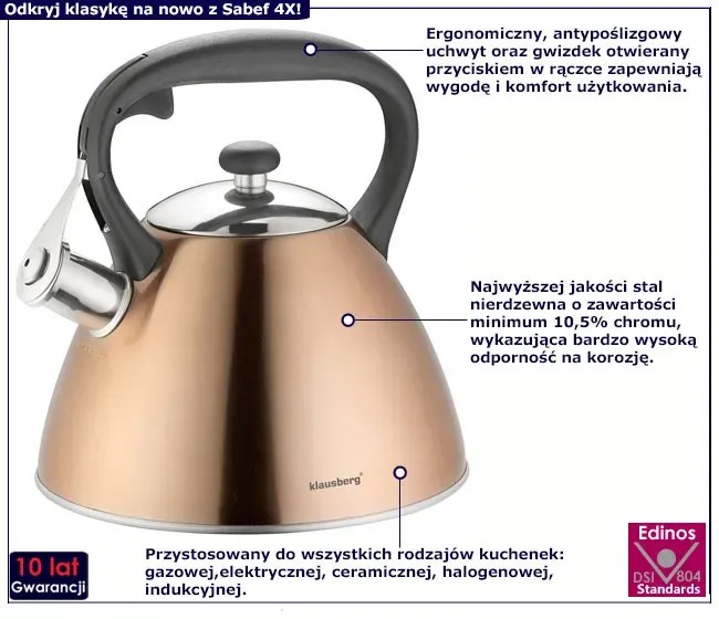 Tradycyjny czajnik z gwizdkiem 3L miedziany - Sabef 4X