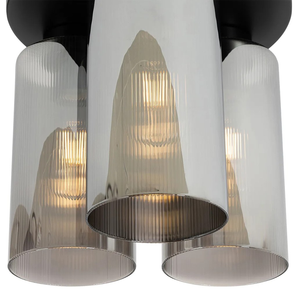 Lampa sufitowa w stylu art deco czarna z dymionym szkłem 3-światłowa - Laura ArtDeco Oswietlenie wewnetrzne